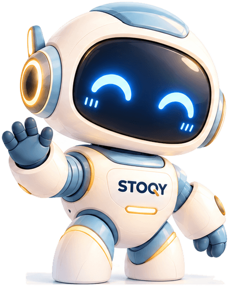 Q, de assistent van STOQY: een witte robot die zwaait